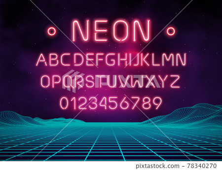 Light neon font letter set. Bar sign vector type. Glowing casino and cinema red text alphabet on brick wall background. Retro landscape background. 78340270