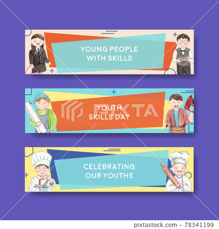 Banner template with World Youth Skills Day concept,watercolor style Banner template with World Youth Skills Day concept,watercolor style 78341199