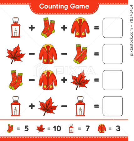 Counting game, count the number of Lantern, Socks, Warm Clothes, Maple Leaf and write the result. Educational children game, printable worksheet, vector illustration Counting game, count the number of Lantern, Socks, Warm Clothes, Maple Leaf and write the result. Educational children game, printable worksheet, vector illustration 78341414