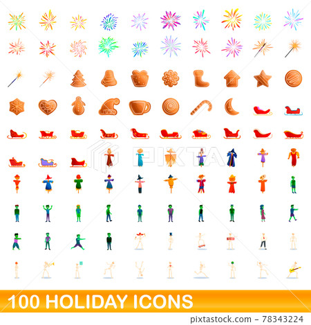 100 holiday icons set, cartoon style 100 holiday icons set, cartoon style 78343224