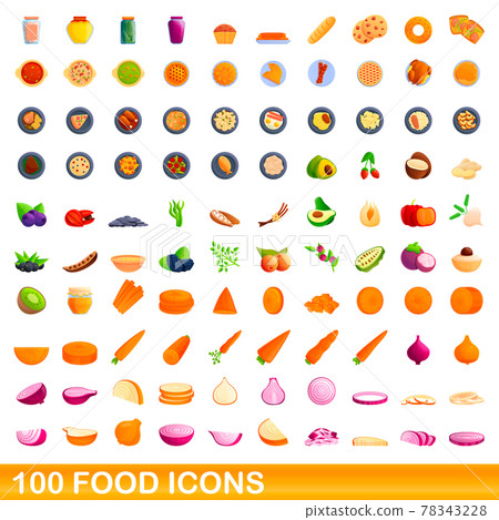 100 food icons set, cartoon style 100 food icons set, cartoon style 78343228