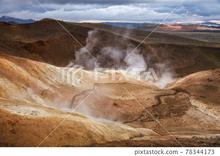 Steaming fumarole on rhyolite formation Krafla volcanic area Myvatn region Northeastern Iceland Scandinavia Steaming fumarole on rhyolite formation Krafla volcanic area Myvatn region Northeastern Iceland Scandinavia 78344173