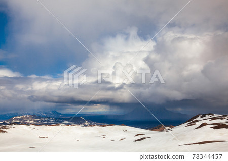 Stormy clouds over Herdubreid tuya mountain  Odadahraun lava field Askja caldera Highlands of Iceland Scandinavia 78344457