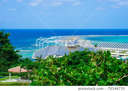 Okinawa's blue sky and blue sea, from the general information center (Hi-Hi Plaza) of Kaiyohaku Park to the silver roof of Churaumi Aquarium 78346735
