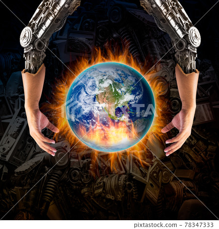 Robot hand embrace the catching fire globe 78347333