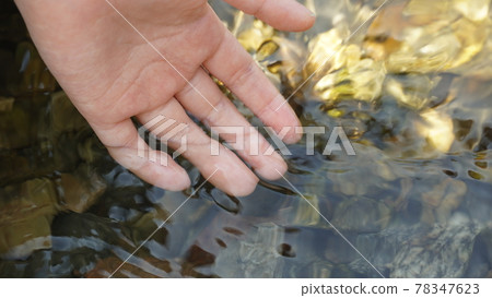 A picture of a hand dipping in a stream A picture of a hand dipping in a stream 78347623