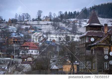 Old Historical Wooden houses in the Carpathian mountains at Winter. Vorokhta, Ukraine 78350357