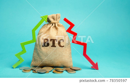 BTC money bag and up and down arrow. Cryptocurrency concept. Decentralized digital currency. Blockchain. The rise and fall of bitcoin. Technologies. 78350597