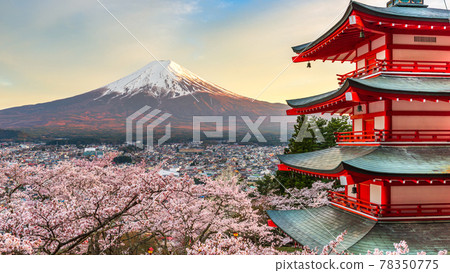 Fujiyoshida, Japan at Chureito Pagoda and Mt. Fuji in the Spring 78350775
