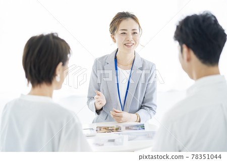 一個穿著西裝的女人向一對夫婦出售房地產 一個穿著西裝的女人向一對夫婦出售房地產 78351044