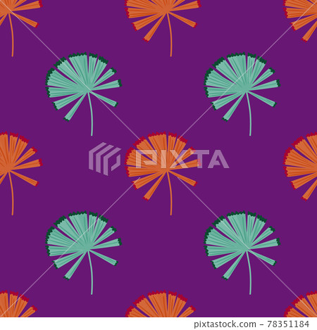 Blue and orange colored palm licuala hand drawn seamless pattern. Purple bright background. Blue and orange colored palm licuala hand drawn seamless pattern. Purple bright background. 78351184