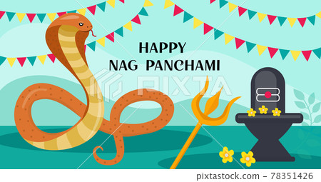 Happy Nag Panchami greeting card with king cobra. Snake Festival in India. Vector illustration Happy Nag Panchami greeting card with king cobra. Snake Festival in India. Vector illustration 78351426