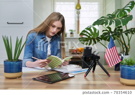 Young woman student studying at home online remotely, USA flag background Young woman student studying at home online remotely, USA flag background 78354610