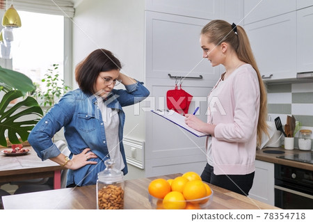 Poll, interview, monitoring, social worker talking and interrogating mature woman 78354718
