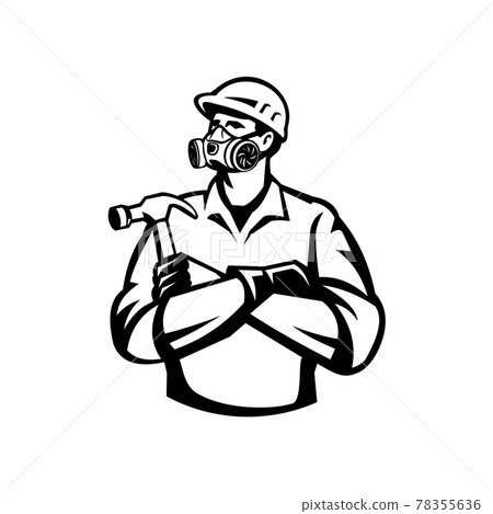 Builder Carpenter Wearing Mask Respirator Gas Vapor Cartridges Arms Crossed Holding Hammer Retro Retro Style 78355636