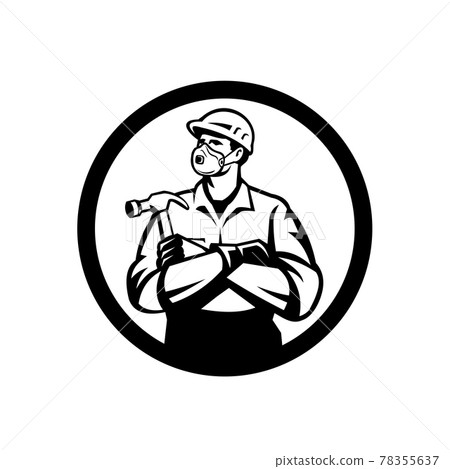 Builder Carpenter Wearing N95 Particulate Respirator with Arms Crossed Holding Hammer Inside Circle Retro Style 78355637