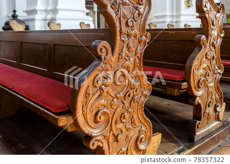 Empty pews inside church close-up Empty pews inside church close-up 78357322