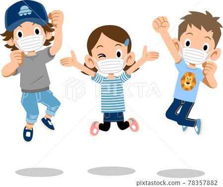 男女兒童戴口罩大力跳躍 男女兒童戴口罩大力跳躍 78357882