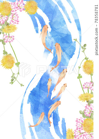Watercolor painting of medaka and spring flowers 78358781