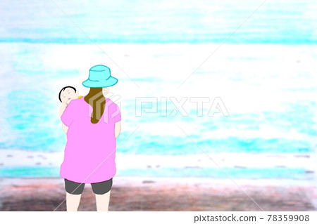 母親抱著孩子盯著大海 78359908