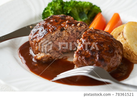Demi-glace hamburger served on a white plate Demi-glace hamburger served on a white plate 78361521