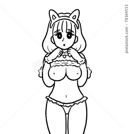 Illustration of an older sister who cosplayed as a cat in naughty lingerie Line drawing 78364553
