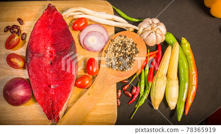 top view Fresh fish fillet on a cutting board. 78365919