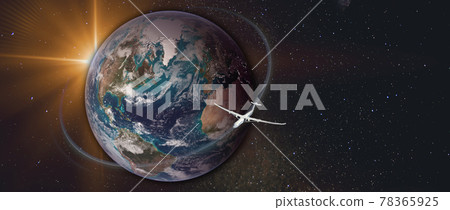 Transcontinental flight. Plane flies around the planet Earth. Starry space with copy space at the background. Flight path and sun flash. 78365925