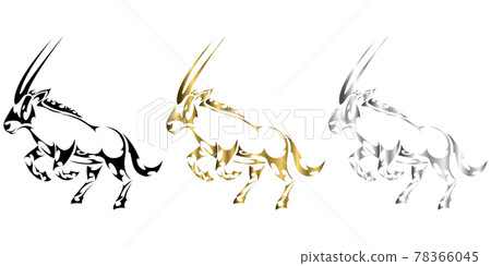 three color black gold silver Vector illustration of a gemsbok raising two front legs to prepare to run It looks strong and powerful Suitable for use in logos or decorations three color black gold silver Vector illustration of a gemsbok raising two front legs to prepare to run It looks strong and powerful Suitable for use in logos or decorations 78366045