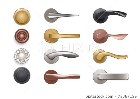 Door knob. Realistic handles. Bronze and golden furniture for doorways. Silver or black decorative elements. Objects for entry in room. Vector round door-handles or with lever arms 78367159