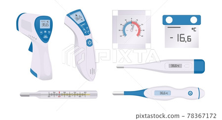 Thermometer. Cartoon medical temperature measurement. Mercury and electronic tools. Body contactless measuring devices. Modern equipment set for diagnostic patients. Vector medicine 78367172