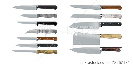 Kitchen knives. Realistic cooking tools. 3D sharp stainless steel daggers with wooden and marble handles. Isolated kitchenware set for food cutting. Vector types of cookers equipment 78367185