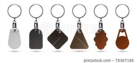 Key holder. Realistic keychain ring with faux calf leather tags. Isolated 3D premium fobs mockup. Steel breloques and labels from natural materials. Vector keyrings set for branding 78367186