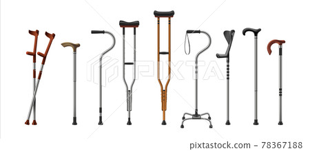 Realistic canes. 3D walking sticks and crutches. Medical supplies for old or injured persons. Equipment for recovery and rehabilitation after accident. Vector steel accessories set 78367188