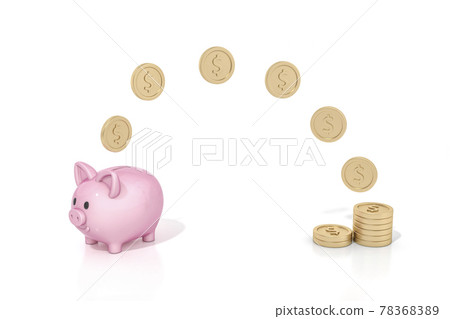 Pink piggy bank with falling dollar gold coin... - Stock Illustration ...