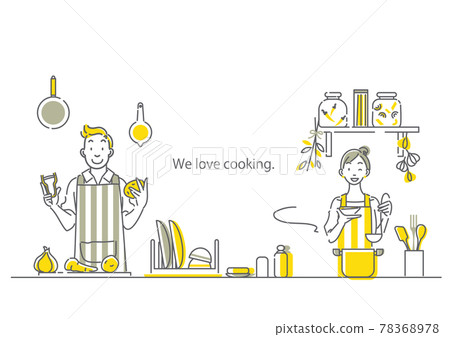 A couple enjoying cooking in a stylish kitchen Simple and fashionable line drawing A couple enjoying cooking in a stylish kitchen Simple and fashionable line drawing 78368978