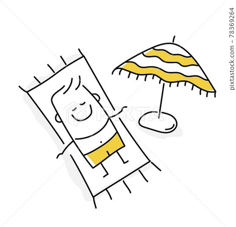 Happy Stick Figure Of Man Sunbathes On The Beach. - Stock Illustration 