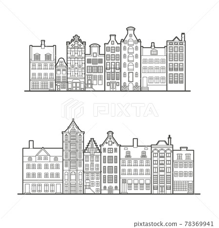 Amsterdam old style houses. Typical dutch canal houses lined up near a canal in the Netherlands. Building and facades for Banner or poster. Vector outline illustration. Amsterdam old style houses. Typical dutch canal houses lined up near a canal in the Netherlands. Building and facades for Banner or poster. Vector outline illustration. 78369941