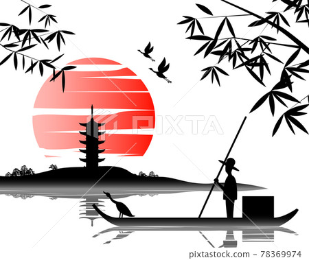Japanese art with ancient design of fisherman on the boat and the beautiful nature of Japan 78369974