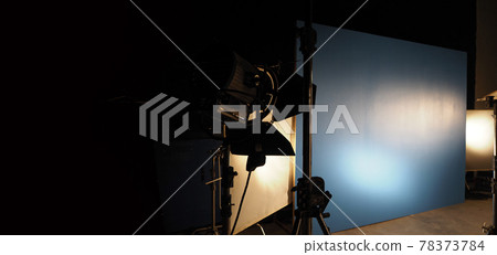 Studio light equipments for photo or film movie video. Light set for professional shooting and screen background. LED Flood light and Spot light for video production. Setup include Barn door softbox. Studio light equipments for photo or film movie video. Light set for professional shooting and screen background. LED Flood light and Spot light for video production. Setup include Barn door softbox. 78373784