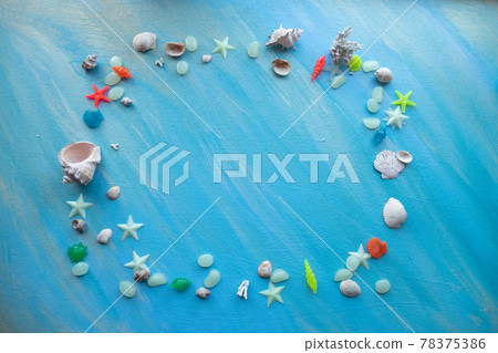 Seashells summer background. rectangular frame. Many different seashells, starfish on a background of turquoise paint strokes. Place for text. 78375386