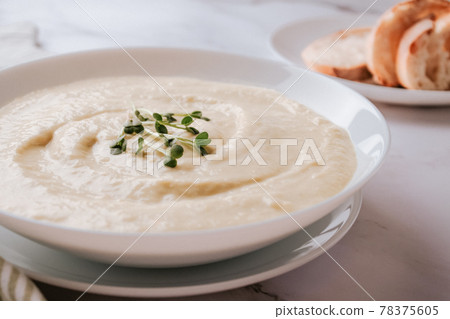 Closeup view of white bowl with mushroom cream soup - healthy food concept. Classic recipe. Selective focus 78375605