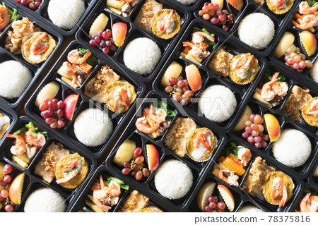 Modern Thai food lunch boxes in plastic packages. Modern Thai food lunch boxes in plastic packages. 78375816