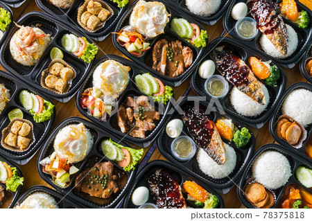 Modern Thai food lunch boxes in plastic packages. Modern Thai food lunch boxes in plastic packages. 78375818