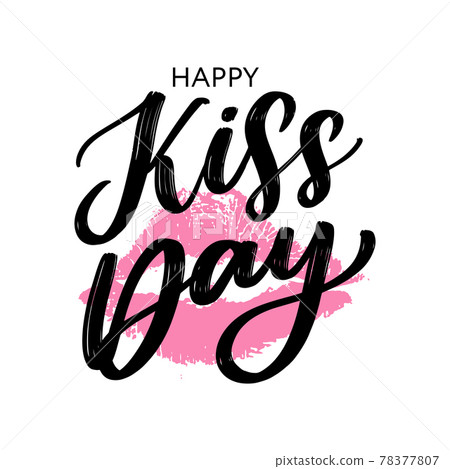 Kiss me greeting card, poster with pink hand drawn watercolor lips. Vector background with ink hand lettering. 78377807