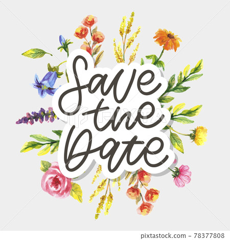 Lovely spring concept card. Awesome flowers and birds made in watercolor technique. Bright romantic card with summer flowers in vector. Charming Save the Date background Lovely spring concept card. Awesome flowers and birds made in watercolor technique. Bright romantic card with summer flowers in vector. Charming Save the Date background 78377808