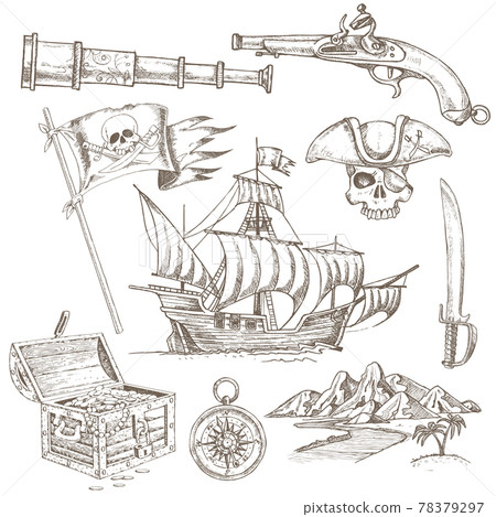 Watercolor Pirate Set Isolated on White. Hand Draw Illustration