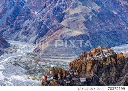 Dhankar monastry perched on a cliff in Himalayas, India Dhankar monastry perched on a cliff in Himalayas, India 78379599