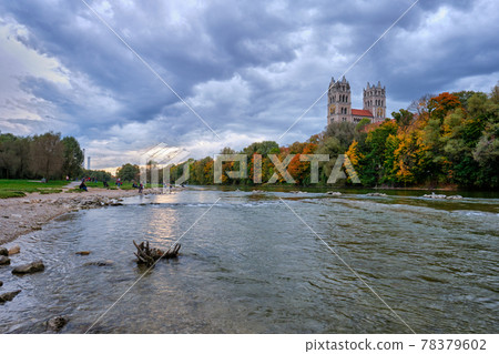 Isar river, park and St Maximilian church from Reichenbach Bridge. Munchen, Bavaria, Germany. 78379602