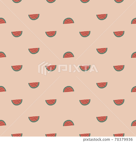 Little cute fresh watermelon slices seamless pattern with berry ornament. Pink pastel background. 78379936